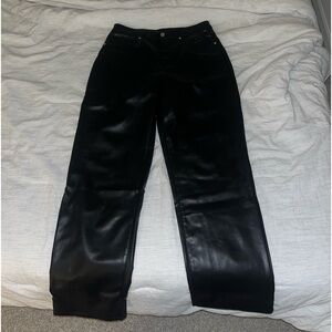 worn one faux black leather high waisted straight leg pants